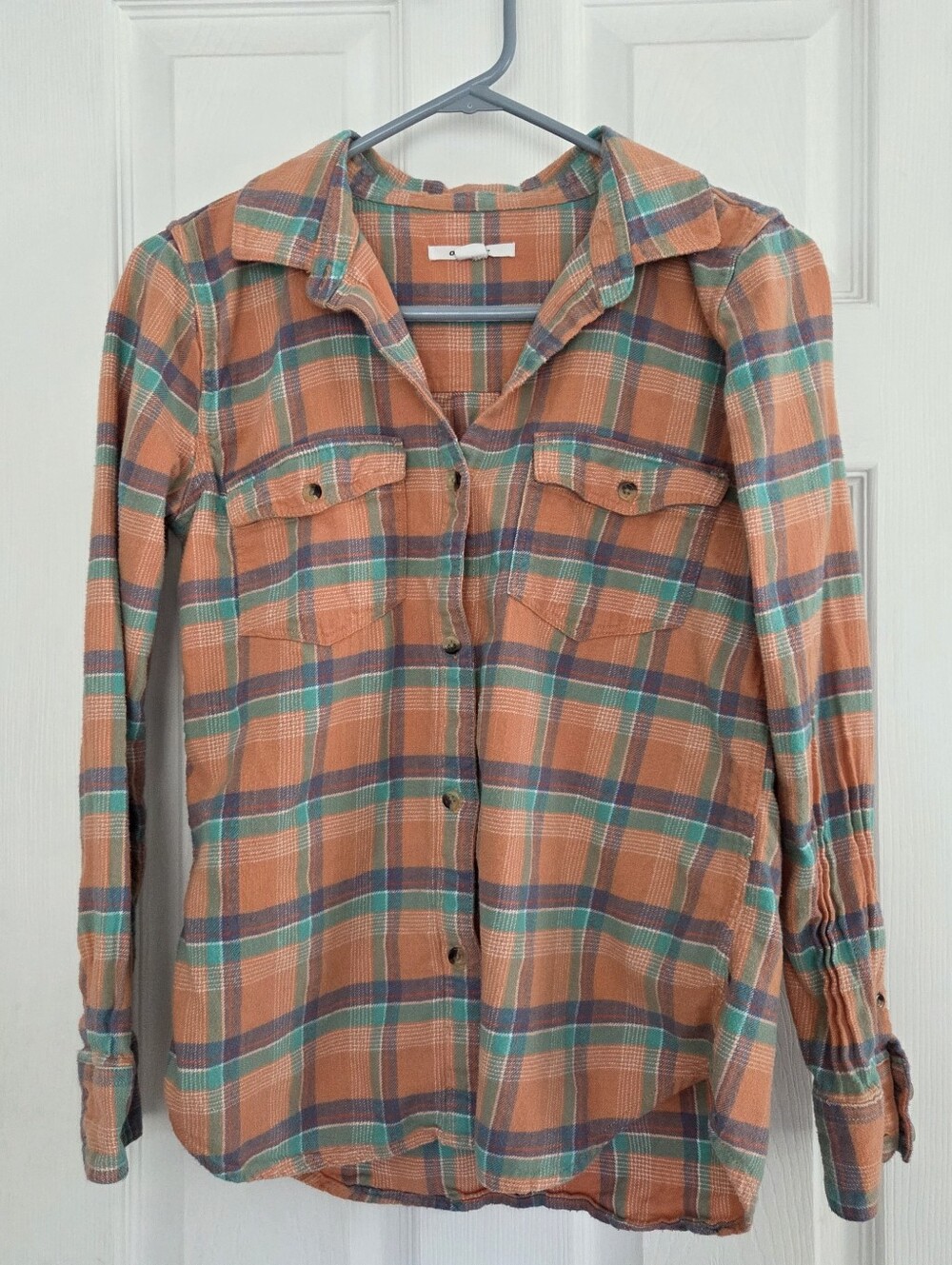 Women's XS Orange Plaid Button-Up Shirt